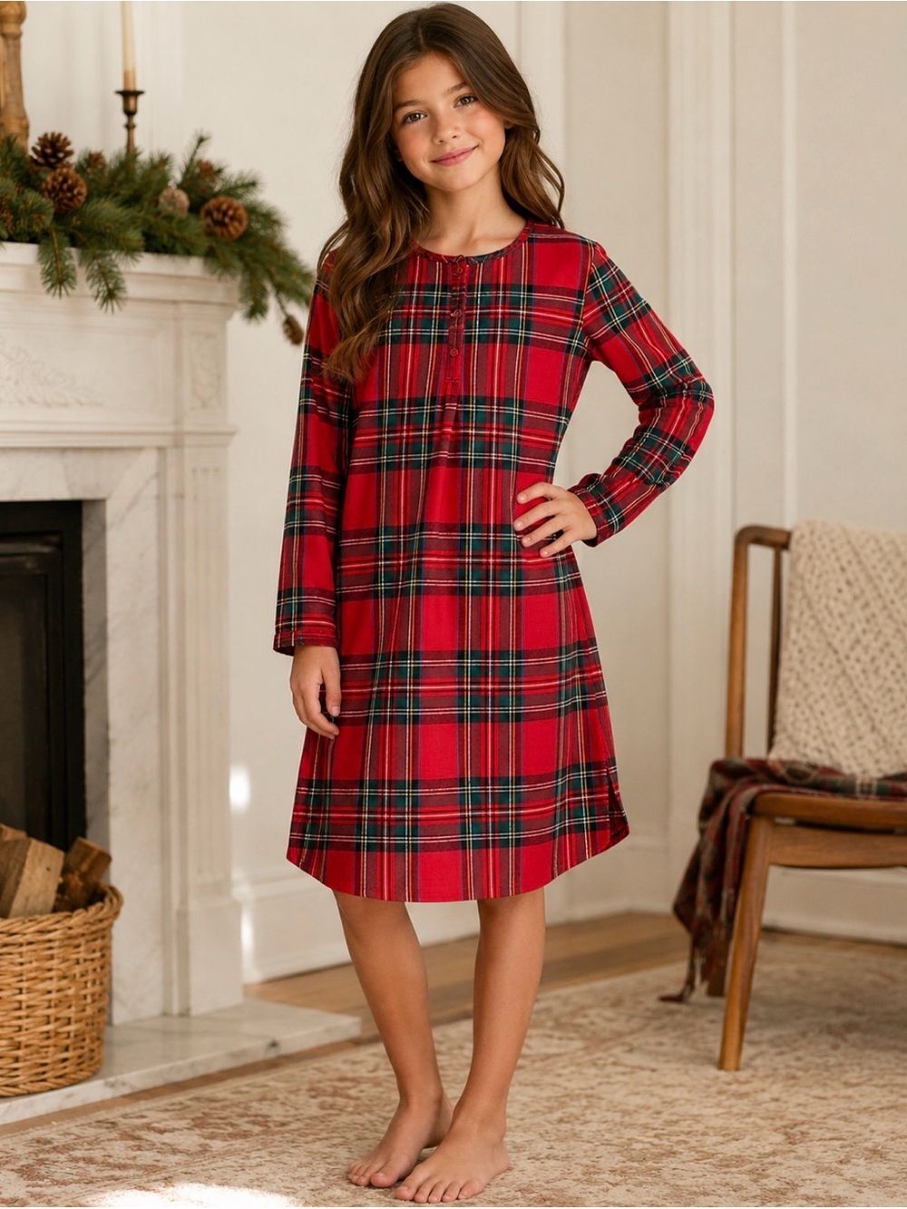 Petite Plume Plaid Flannel Nightgown Sleep Shirt Girls Size 12 Red Holiday